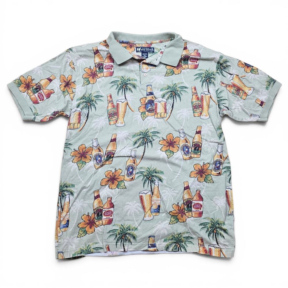 BIG DOGS Polo Shirt Mens XL VTG Y2K Beer Hawaiian Tropical Palm Tree AOP Novelty